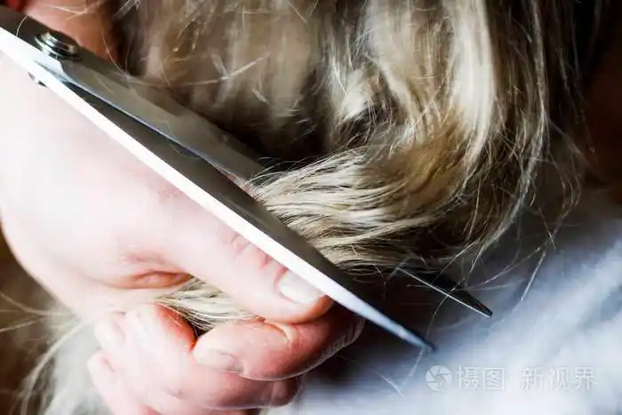 大剪刀剪头发的金发女孩特写镜头调色