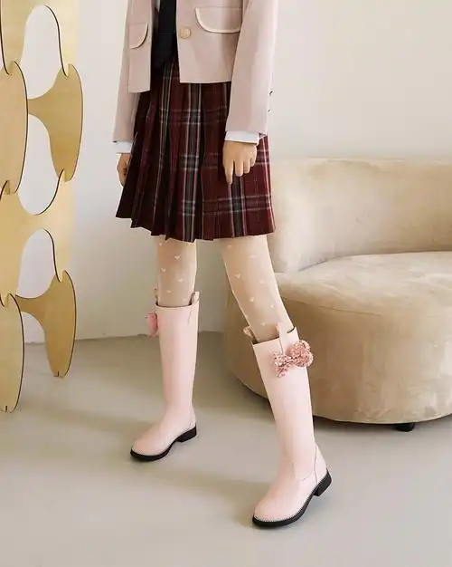 女童靴子冬季儿童高筒靴小女孩加绒中大童靴学生公主高跟皮靴 粉色a款