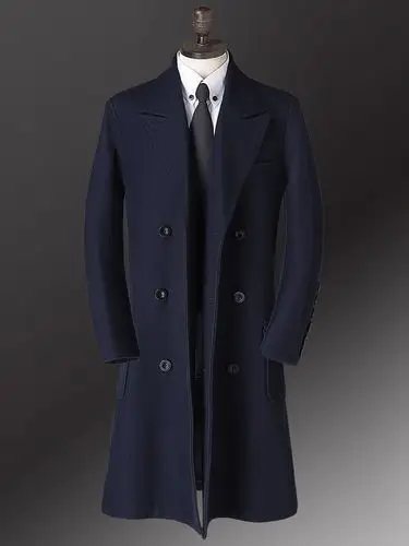 新款男装商务休闲双排扣翻领毛呢风衣大码中长款男士羊绒羊毛大衣 藏