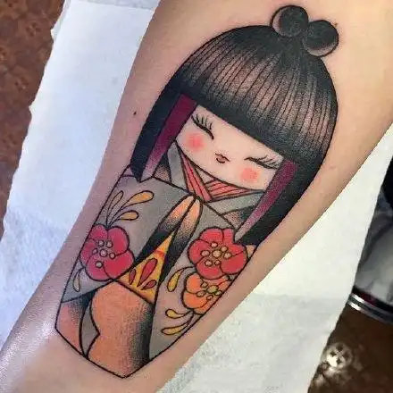 和风浴衣小娃娃灵性且可爱的和服小日式艺伎纹身图案58