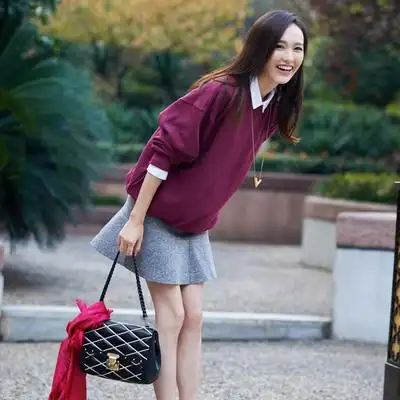 韩版2015秋装新款女装明星同款显瘦酒红色上衣时尚气质短裙套装潮