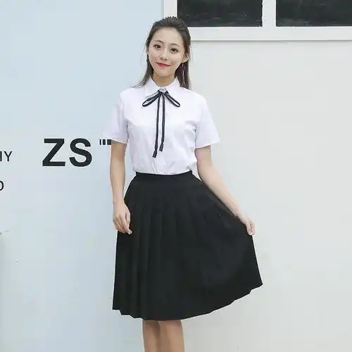 夏季 学院风白衬衫 百褶裙黑裙子两件套女jk制服学生套装 短裙校服 -