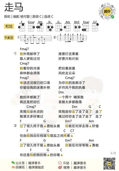 走马尤克里里谱_陈粒_走马ukulele弹唱视频教学