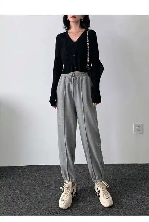 灰色运动裤女秋冬新款l加绒韩版宽松百搭束脚显瘦卫裤休闲直筒裤