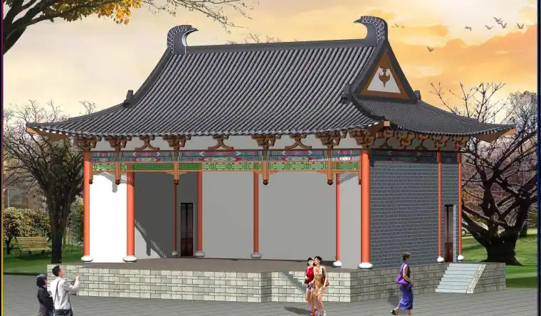 中国古代戏台基本为木结构建筑,北方的建筑风格是屋顶