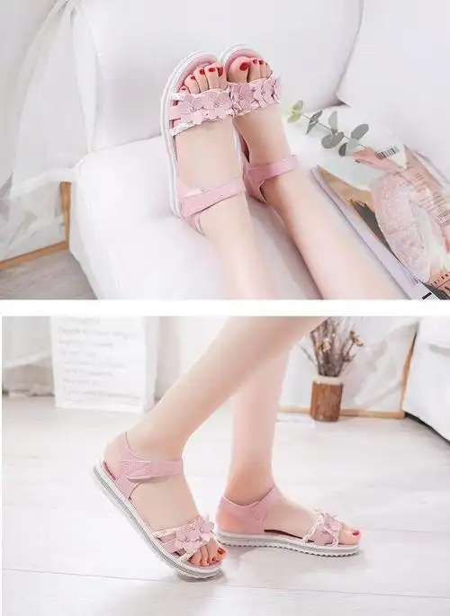 凉鞋2022年新款13大童女鞋12青少年仙女风初中学生15岁皮面a1蓝色35