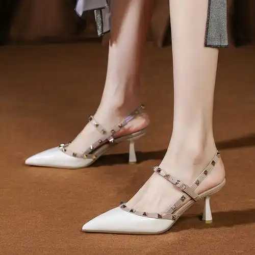 mudiao高跟凉鞋女包头鞋子女浅口漆皮细跟鞋夏季2021新款女鞋尖头鞋