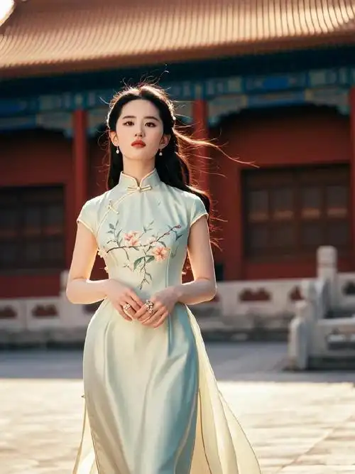 在故宫的红墙绿瓦下,刘亦菲身着旗袍,优雅地走在历史的长廊中,领略