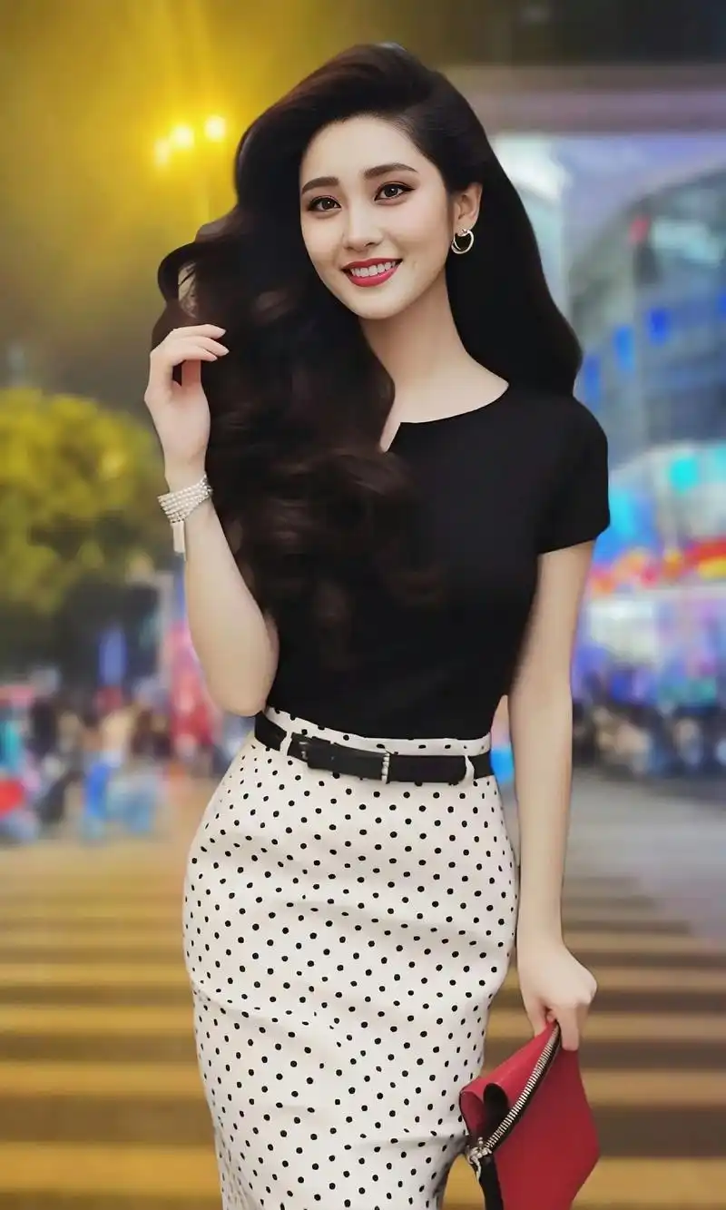 黑色上衣配上白色波点裙子,简直是经典搭配,气质十足!