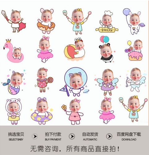 趣味卡通手绘q版大头照摆件素材宝宝宴生日派对迎宾大头贴抠图 ps