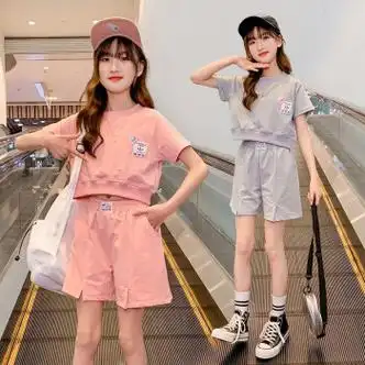 zkhe童装女童套装短袖短裤两件套夏款516岁女孩衣服儿童休闲粉色120码