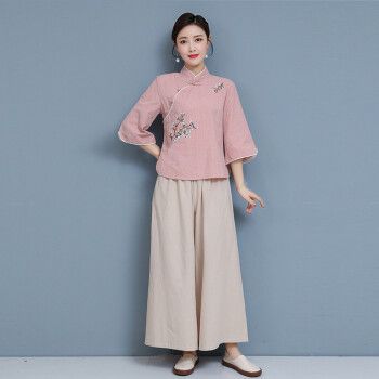 夏季短袖太极服女棉麻练功服套装太极拳表演服中式改良晨练服女款