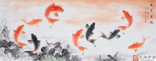 【已售】聚财风水画 董宗周六尺对开九鱼图《连年有余》