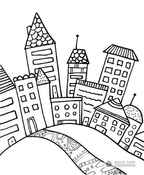 儿童画教程线描画画出一栋栋的小房子