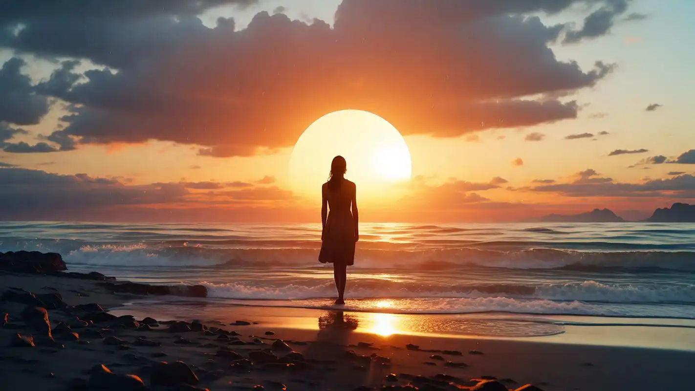 93海边孤独背影,落日余晖映心间98 在海边,落日余晖洒在无边的