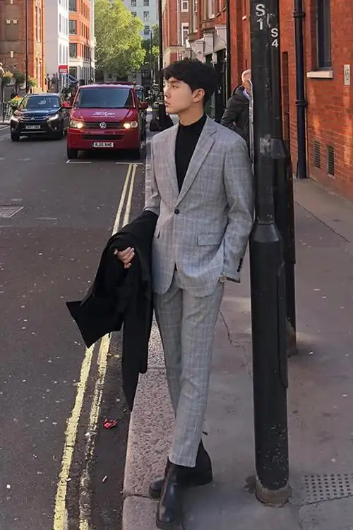 格子西装暴徒男韩版潮流雅痞西服外套男士修身西服