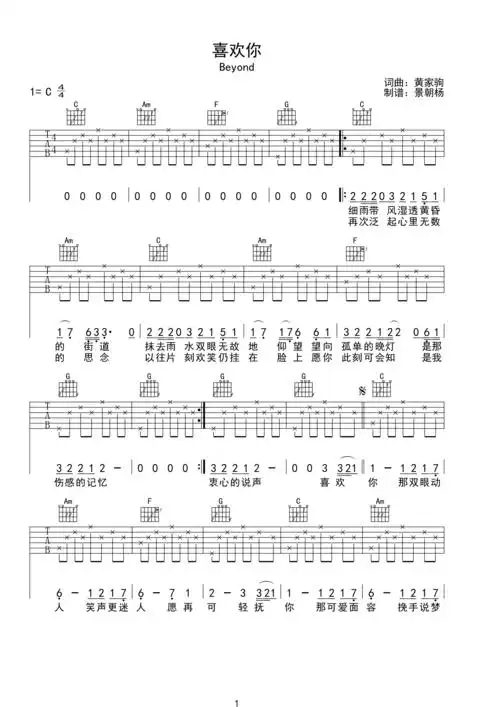 beyond - 喜欢你 [弹唱 简单版] 吉他谱