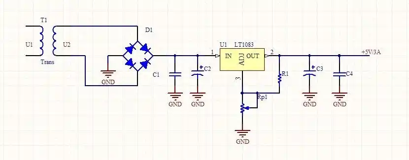要求输出电压是 5v 电流3a  请问下电路中电阻 电容 以及三端稳压电源