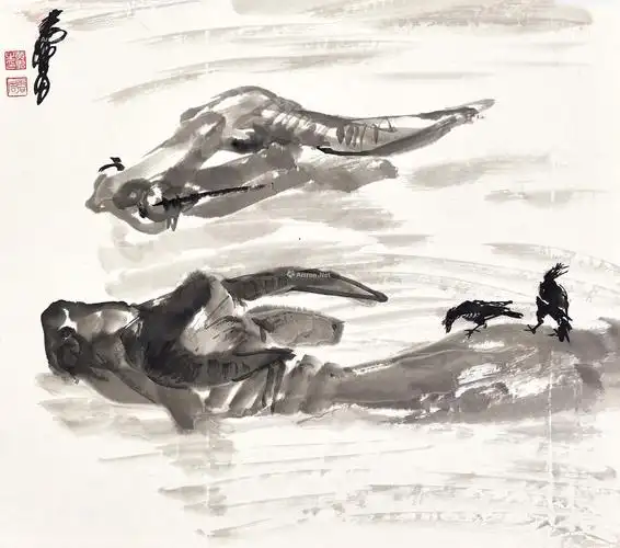 1694水牛与鸟镜框水墨纸本