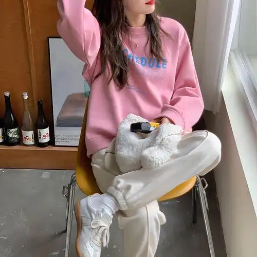 初中生女学生卫衣加绒无帽圆领秋冬装2022新款加厚粉色上衣服 藏蓝色