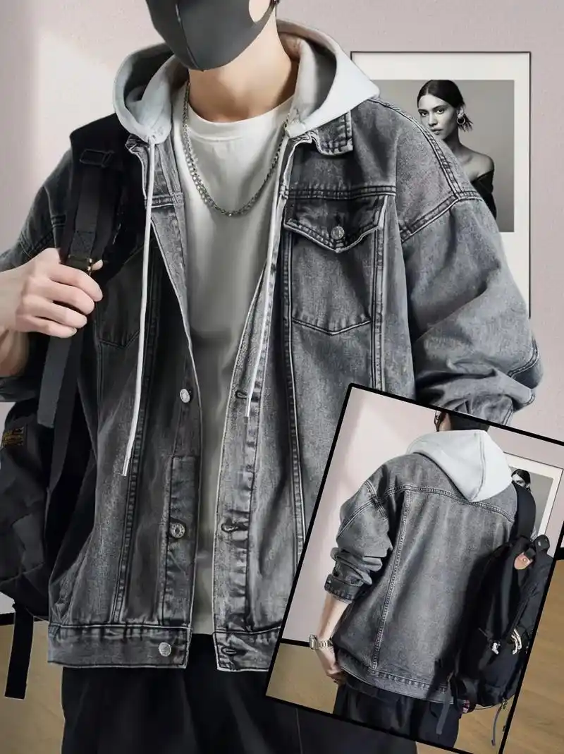 真维斯可拆卸连帽牛仔夹克外套,男士潮流宽松百搭春季款潮ins外套男装