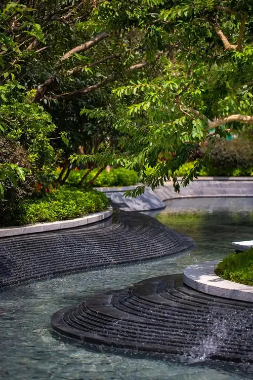 溪流景观现代水景设计跌水树池跌水景观效果图酒店水景跌水景观设计