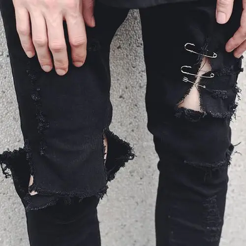 破洞牛仔裤男乞丐9分裤子学生_破洞牛仔裤男宽松乞丐黑色9分_膝盖大破