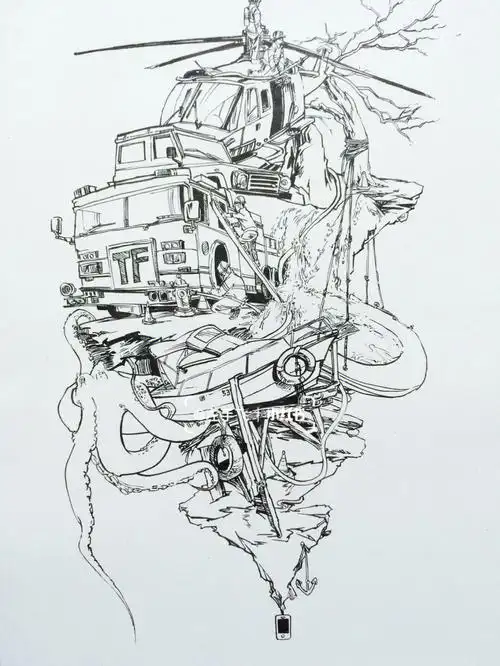 黑白针管笔手绘创意插画