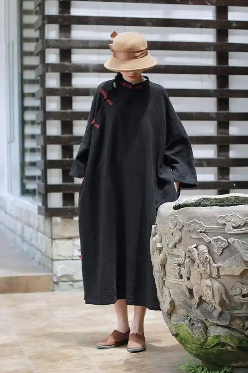 秋装 苎麻中式盘扣粗麻袍子禅意复古宽松连衣裙长裙大码190701