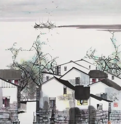 辽宁工美教授苗雨 四尺斗方《江南水乡》师从吴冠中 - 写意山水画 - 9