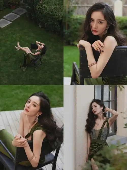 杨幂绿色水波烟雨绸缎长裙大片