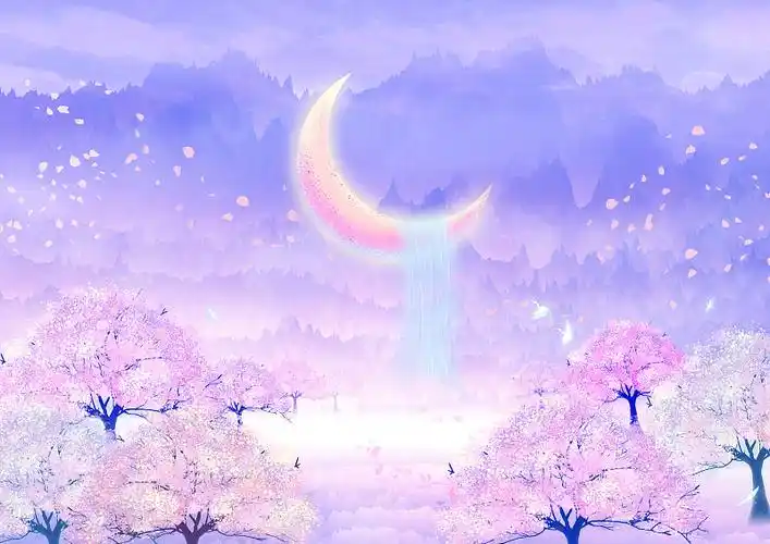 夜晚山谷中桃花林里花瓣飞舞月亮悬挂在天空插画背景图片素材
