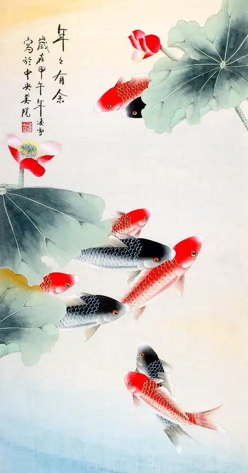 金鱼玄关九荷花 九鱼图荷花九鱼图风水招财鲤新中式装饰画餐厅墙面装