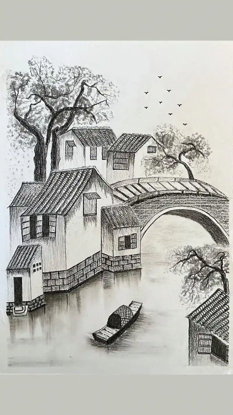 素描习作《江南水乡》小桥流水人家,几点飞燕影下,老树绿叶华滋 - 抖