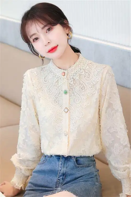 高端蕾丝衬衫女秋冬百搭长袖加绒加厚新款雪纺上衣内搭打底衫