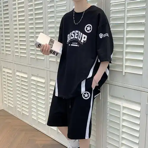 孟康mengkang短袖休闲套装男夏季潮流帅气男装一套搭配短裤宽松t恤两