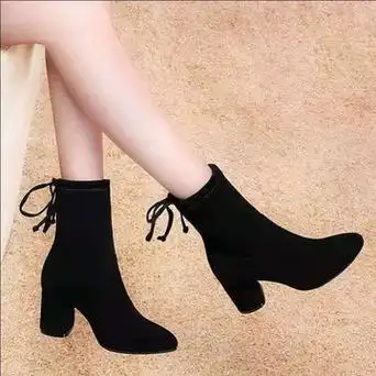 短靴女靴子秋季新款中跟鞋学生袜靴黑色中筒靴粗跟瘦瘦靴女速卖通