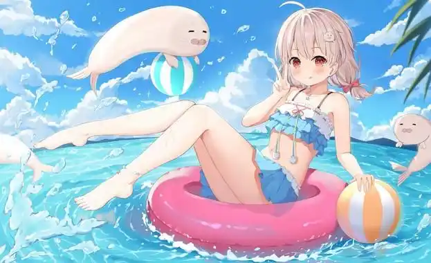 白神遥,海豹,泳衣,游泳圈,水花,球,女孩,可爱,4k高清动漫壁纸