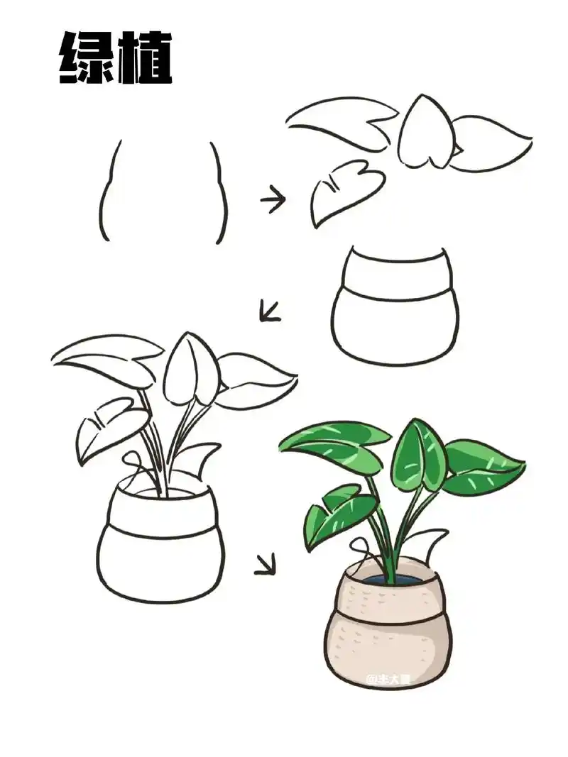 绿植盆栽简易画法.#简笔画 #零基础学画画 #绿植盆栽 #简 - 抖音