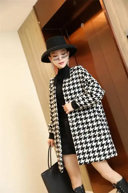 格子毛呢大衣女中中长2019秋冬季新款小个子千鸟毛呢外套