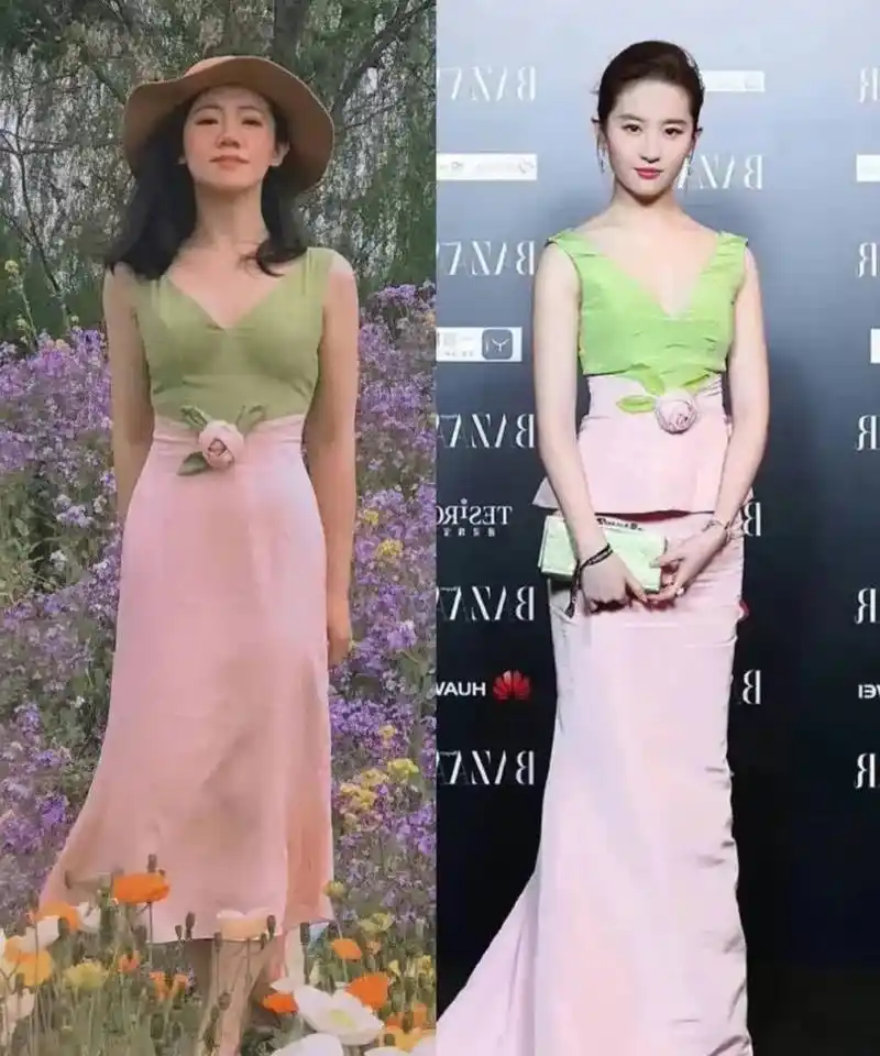 网友买了刘亦菲同款的"寿桃裙",感觉冰溪溪穿的是高仿……[左捂脸]