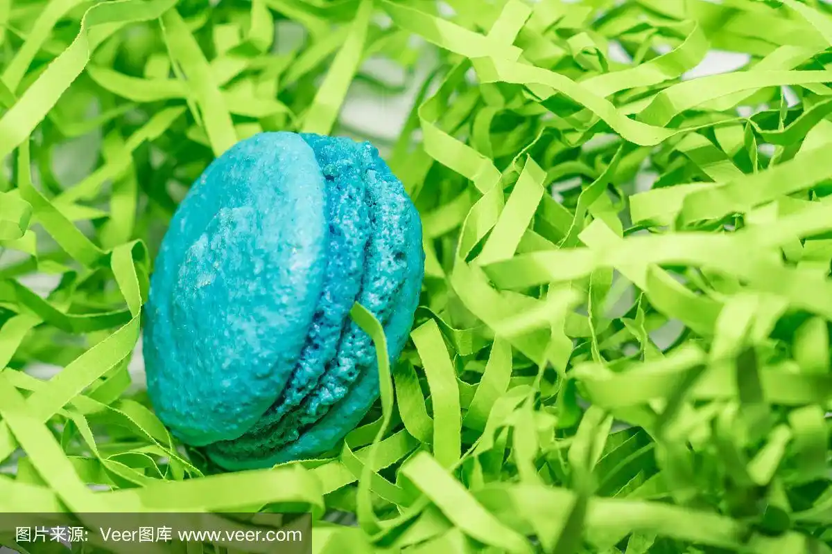 蓝色的马卡龙甜点在绿色的蛇形背景上