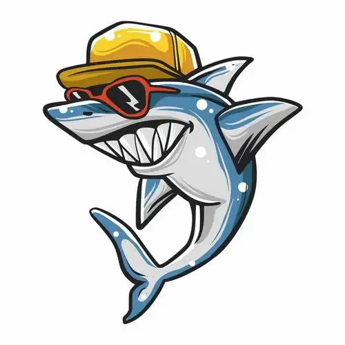 手绘卡通戴着帽子和墨镜的卡通鲨鱼png图片免抠矢量素材