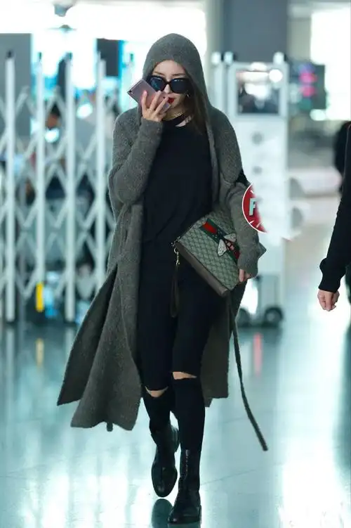 2016秋冬新明星杨幂机场街拍同款咖灰色