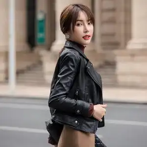 2021新款修身皮衣外套女时尚春秋黑色百搭机车上衣女pu皮夹克女潮图片