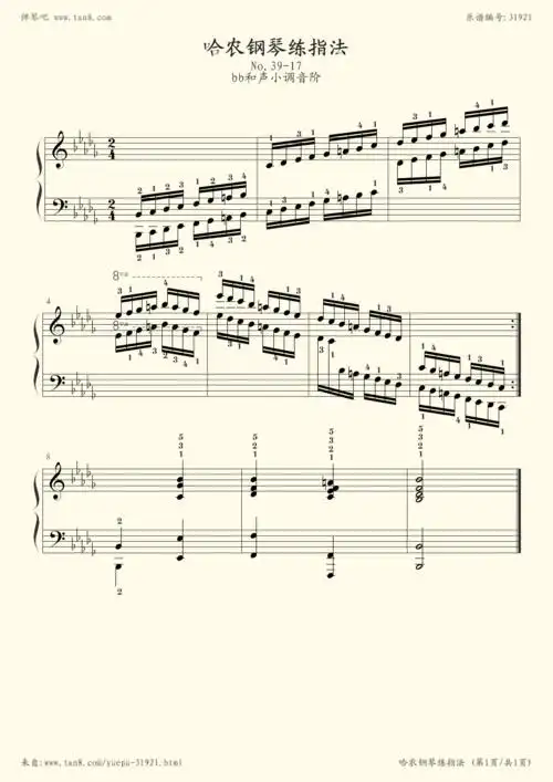 钢琴谱:哈农钢琴练指法39(bb和声小调音阶)