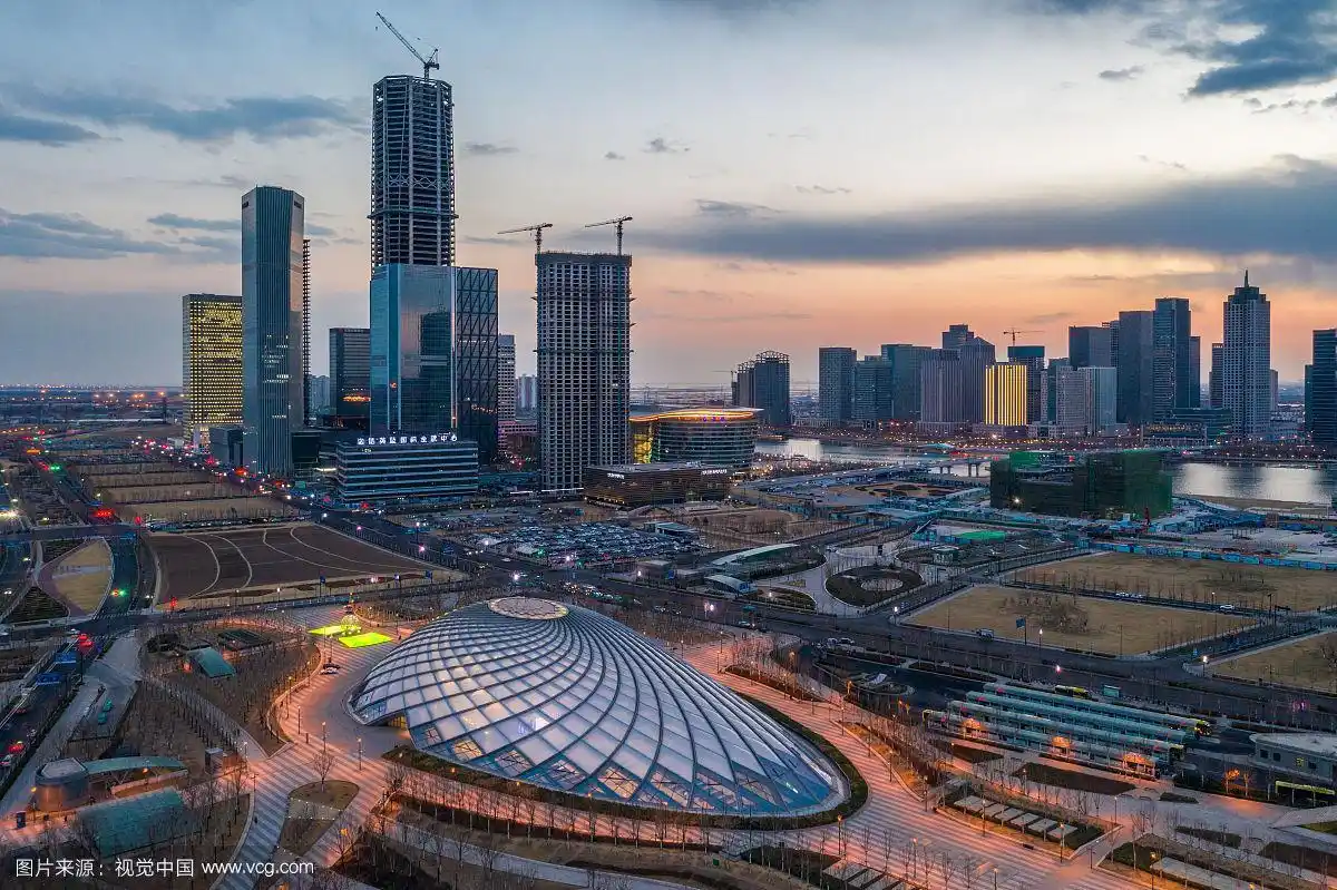 航拍天津滨海新区于家堡中心商务区