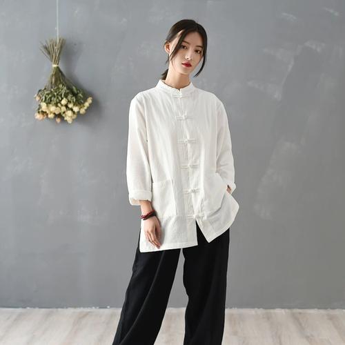 斜襟盘扣中国风太极拳练功服晨练服宽松棉麻太极服女上衣时尚