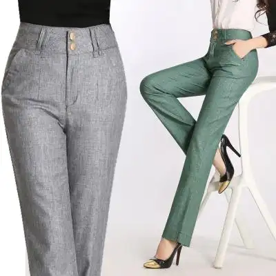 春夏中老年棉麻裤高腰直筒休闲亚麻裤子妈妈装大码宽松女士长裤子