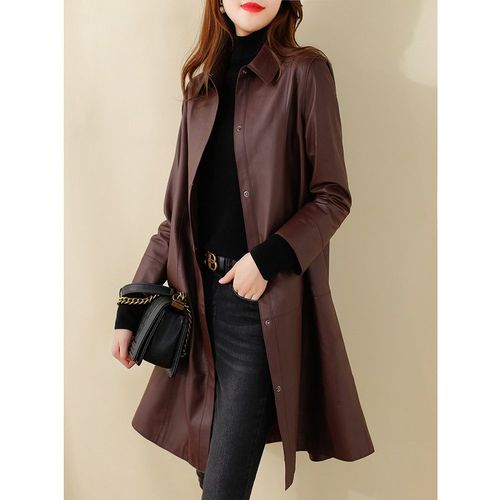 海宁真绵羊皮皮风衣方领时尚中长款外套女21秋季新款酒红色九分袖